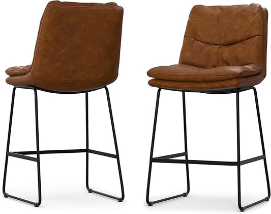 SIMPLIHOME Danika Counter Stools (Set of 2) - 24 Inch Seat Height Upholstered Metal Kitchen Seats in Camel Brown Vegan Faux Leather, Mid Century Modern Seating with Tufted Design and Footrest