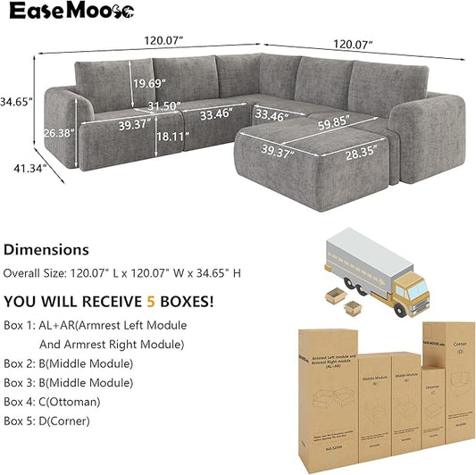 EASE MOOSE Boneless Modular Cloud Couch, Oversized U-Shaped Sectional Sofa for Living Room with Ottoman, Extra Large Movable Couches, 6-Deep-Seat Sofas for Bedroom, Apartment, Chenille (Light Grey)