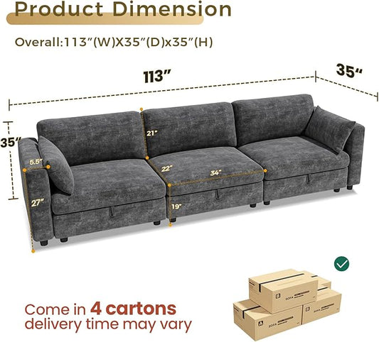 KKL Modular Sectional Sofa Couches for Living Room, 113" Sofa Couch with Adjustable Backrest, Chenille 3 Seater Sofa Couch with Comfy Cushion, Chenille, Grey
