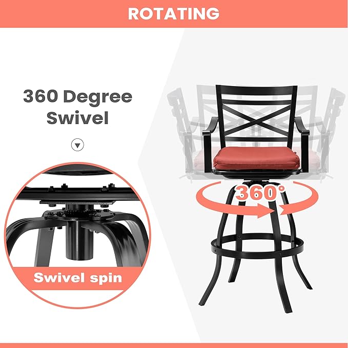 Pellebant 30" Sunbrella Outdoor Bar Stools Set of 6, Aluminum Swivel Patio Bar Height Bar Stools with Back & Footrest, for Deck Lawn Garden(Red)