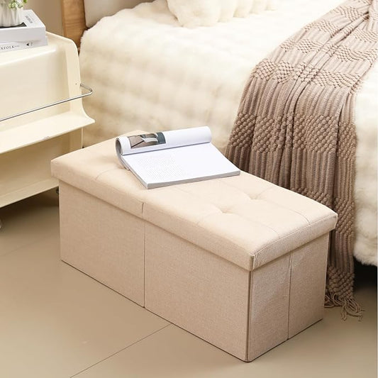 CUYOCA Storage Ottoman Bench Foldable Seat Footrest Shoe Bench End of Bed Storage with Flipping Lid, 75L Storage Space, 30 inches Linen Fabric Sandy Beige