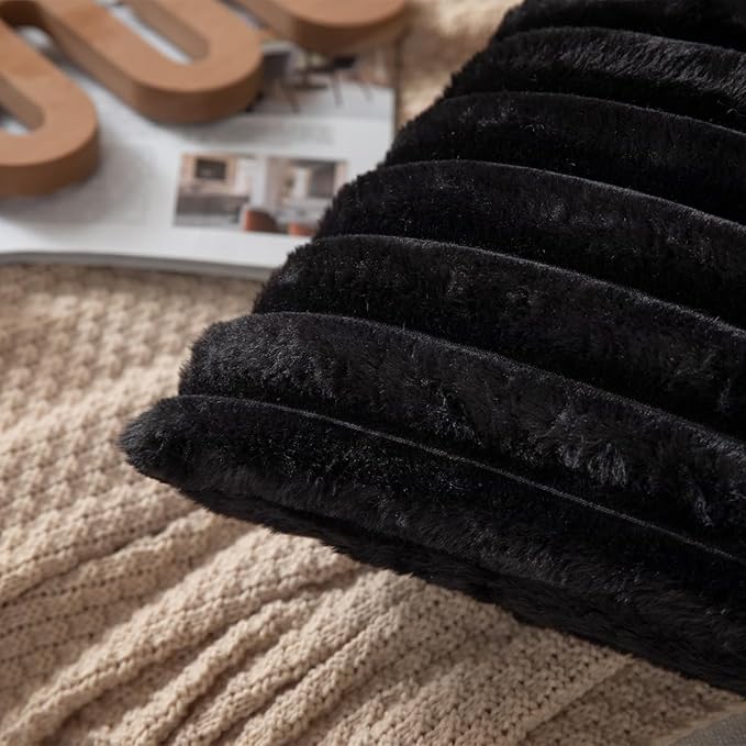 DEELAND Pack of 2,Double-Sided Faux Fur Plush Decorative Throw Pillow Covers Fuzzy Striped Soft Pillowcase Cushion Covers for Sofa Couch Bedroom Black 12x20 inch