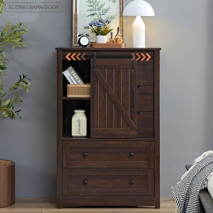 Farmhouse 5 Drawers Dresser for Bedroom, 48" Tall Dresser w/Sliding Barn Door, Rustic Dresser 5 Chest of Drawers, Storage Organizer Dresser for Bedroom, Hallway, Living Room, Dining Room, Espresso