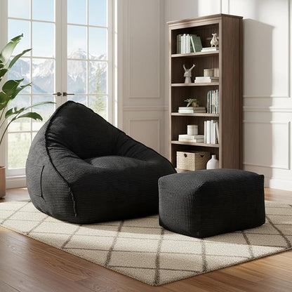 Cloud Bean Bag Chair with Ottoman for Adults, Comfy Corduroy Chaise Lounge Chair with High-Resilience Foam, Oversized Boneless Reading Chair for Bedroom & Living Room Black
