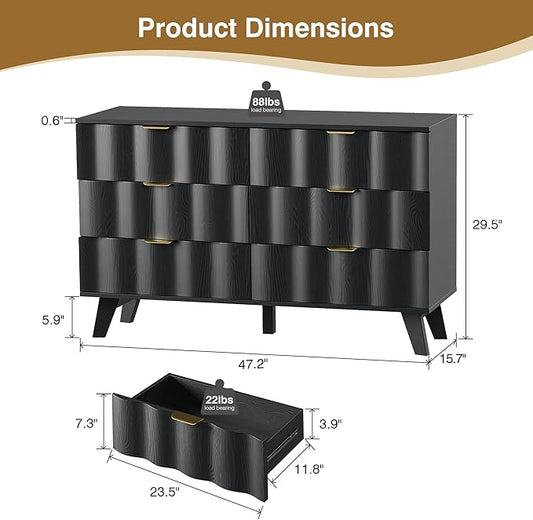 6 Drawer Dresser, Modern Fluted Storage Dresser with Deep Drawers and Metal Handles, Wood Chest of Drawers Storage Organizer for Bedroom, Living Room, Hallway (Black)