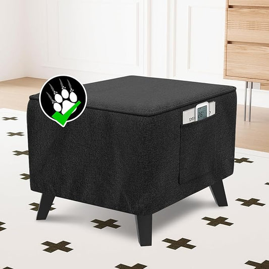 H.VERSAILTEX Square Ottoman Cover Fit Length 18"-19" Footrest Durable Linen Look Fabric Ottoman Slipcover Thick Soft Footrest Stool Covers for Square Ottoman Removable Washable - Heather Black