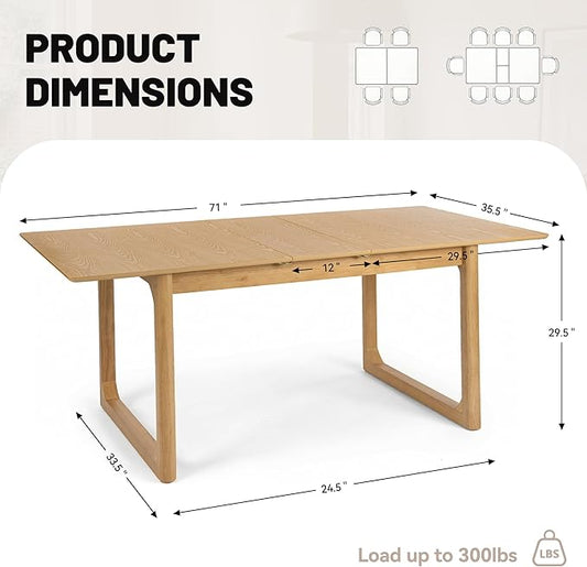 HNY Extendable Wood Dining Table for 4-8, 71" Inch Modern Rectangular Kitchen Tables with Wooden Base Farmhouse Dinner Table for Dining Room, Living Room, Home, Natural Oak
