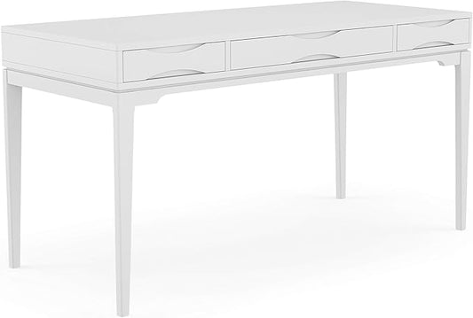 SIMPLIHOME Harper Desk - 60-Inch Wide Solid Hardwood Writing Desk in White, Mid-Century Modern Home Office Computer Table for Workspace or Study with 2 Drawers and Flip-Down Keyboard Tray