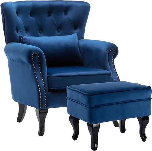 chairus Mid-Century Modern Accent Chair with Ottoman, Comfy Velvet Single Sofa Chair Button Tufted Wingback Armchair with Pillow for Living Room/Bedroom/Club - Blue