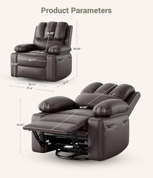 27" Oversized Power Recliner Chair, Faux Leather Rocking Chair with Heat & Massage, 360° Swivel Modern Electric Recliner with Cup Holder ＆ USB Charging for Living Room, Bedroom, Nursery - Coffee