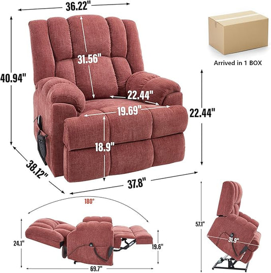Power Lift Recliner Chair for Elderly, Oversized Chenille Electric Recliners Chairs for Living Room, Dual Motor 180° Lay Flat Recliner Big Sofa with Massage and Heating, Heavy-Duty, Red
