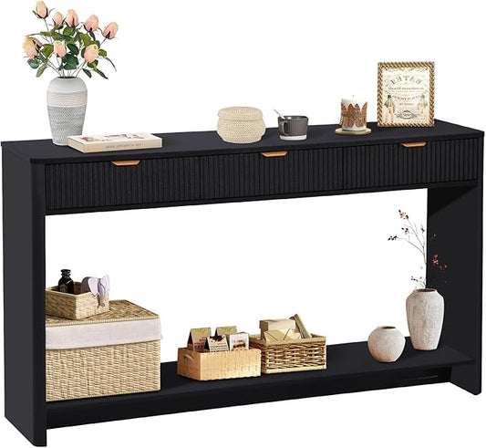 Entryway Table with Storage, Narrow Console Table with 3 Drawers, 55.12' Couch Table Behind Sofa Long for Living Room TV/Hallway Entrance Foyer, Mid Century Modern Black Fluted Console Table