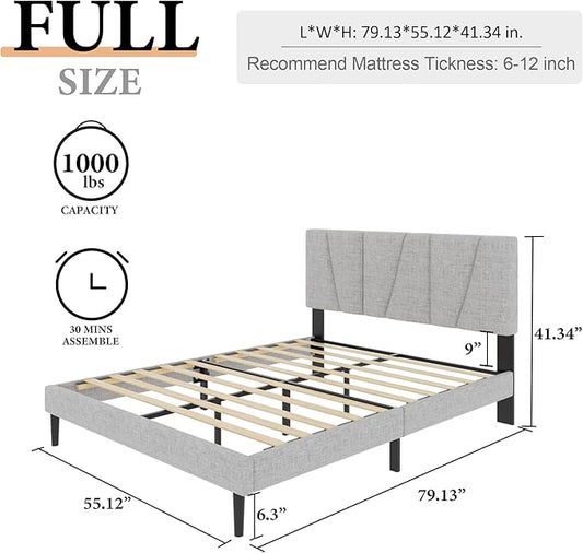 Full Size Platform Bed Frame with Upholstered Headboard, Wooden Slats Support, Noise Free, No Box Spring Needed, Easy Assembly, Light Grey, Linen