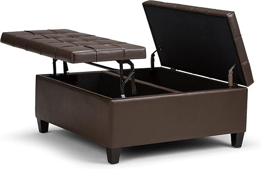 SIMPLIHOME Harrison 36 inch Wide Transitional Square Coffee Table Storage Ottoman in Chocolate Brown Vegan Faux Leather, Assembled, For the Living Room and Bedroom