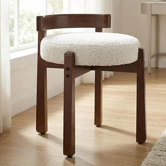 HNY Modern Boucle Ottoman : Upholstered Vanity Chair with Solid Wood Legs, Cute Round Footrest for Bedroom & Living Room, White