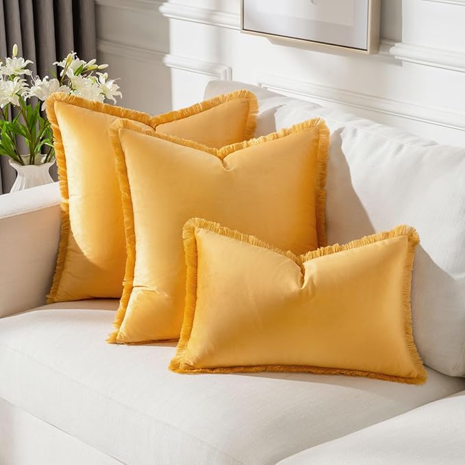 FUTEI Orange Velvet Decorative Throw Pillow Covers 24x24 Set of 2,Soft Cozy Edge with Tassels European Cushion Case,Boho Modern Home Decor for Couch Bed Living Room