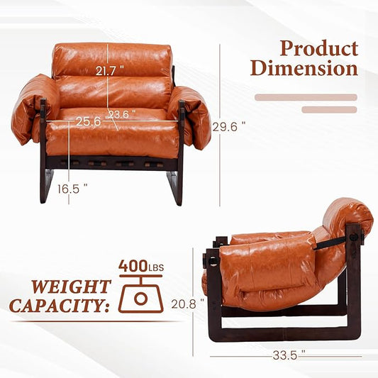 Furnilivng Modern Lounge Accent Chair, Comfortable Oil Waxed Leather Arm Chair with Sturdy Wood Frame, Upholstered Cozy Sofa Chair for Living Room, Bedroom, Dressing Room, Home Office, Retro Orange