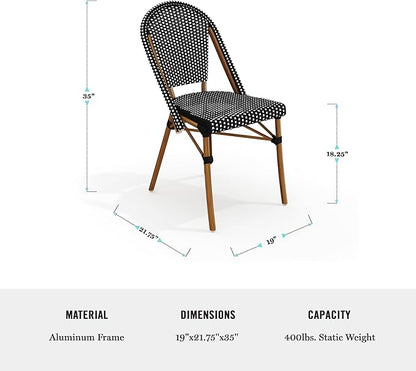 Martha Stewart Lily Pond Indoor-Outdoor Stackable Aluminum Bistro Chair with Natural Woodgrain Frame Finish and Black/White Woven Rattan Backrest and Seat