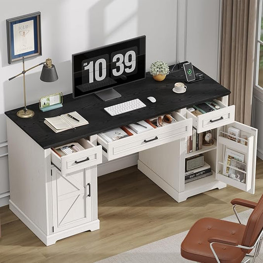 ONBRILL 59 inch Farmhouse Executive Desk with Drawers, Home Office Desk with File Cabinet, Outlets, Storage Cabinet, Keyboard Tray, Wood Computer Desk for Work Study Writing (Off White & Black)