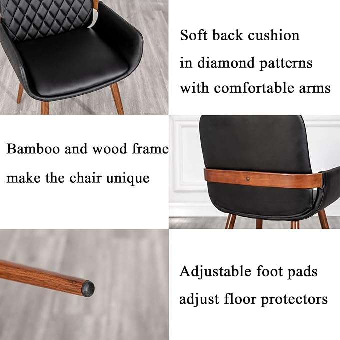 LUNLING Mid Century Modern Faux Leather Dining Chairs Set of 2, Black, Upholstered Seat, Metal Legs, Adjustable Foot for Kitchen Dining Room Desk Chairs