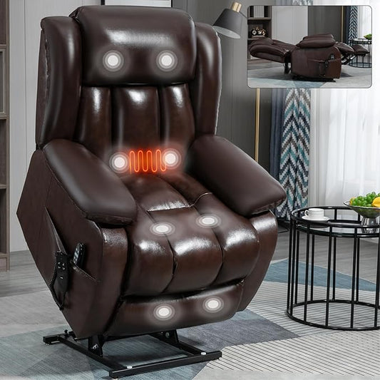 Luxlen Electric Power Lift Recliner Chair with Vibration Massage and Heat, Leather Reclining Chairs for Elderly with Remote Controls, Side Pockets, Big and Tall Recliner, Brown