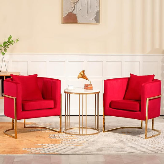 Velvet Modern Accent Chairs Set of 2, Upholstered Barrel Armchair Mid Century with Pillow for Living Room, Comfy Single Vanity Chair with Metal Gold Legs for Bedroom, Rose Red