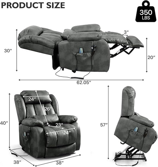 EDILLY Extra Large Power Lift Recliner Chairs for Elderly,Infinite Position Lay Flat Dual Motor Recliners Chair,with Heating and Massage, Breathable Leather,USB Ports and Remote Control(Silver Gray)