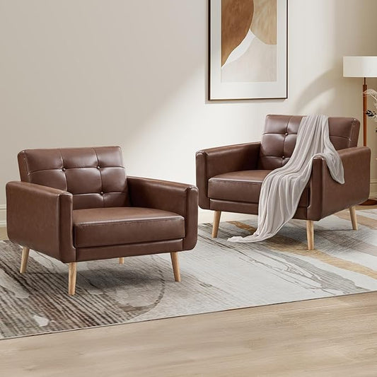 CANMOV 29" W Oversized Leather Accent Chair Set of 2, Armchair Button Back, Mid Century Modern Accent Chairs for Living Room, Modern Upholstered Bed Room Chair Cozy Armchair with Wood Legs, Brown