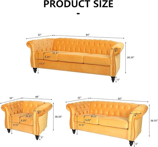 Living Room Velvet Sofa and Loveseat set, Mid Century Modern Upholstered Couch with Cushions, 2-Piece Home Sofa Furniture Sets, Comfy Tufted Chesterfield Couches for Living Room, Bedroom, Office