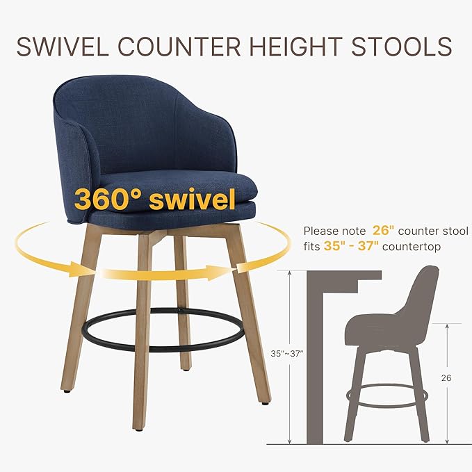 Counter Height Barstools 26 inch Upholstered Swivel Bar Stools with Back and Wood Legs for Kitchen Island,Set of 3,Blue Fabric