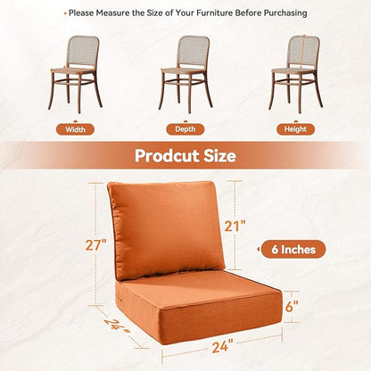 Luxury 6" Outdoor Cushions for Patio Furniture, 24x24x6" Thick Seat Cushion Set of 8, Fade Resistant Couch Chair Replacement Cushions High Density Deep Wicker Chair Cushion w/ Removable Cover, Orange