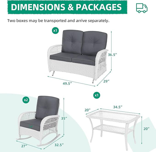 VIVIJASON 4-Piece Outdoor Patio White Wicker Conversation Sets, All Weather Outdoor Rattan Furniture Set Includes Glider Loveseat, Coffee Table, 2 Rocking Chairs with Cushions for Backyard, Grey