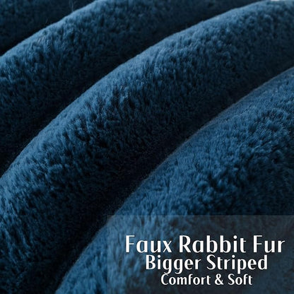 FUTEI Navy Blue Decorative Throw Pillow Covers 24x24 Inch Set of 2, Square Soft Faux Rabbit Fur Thick Striped European Cushion Covers,Winter Home Decor for Couch Bed Living Room