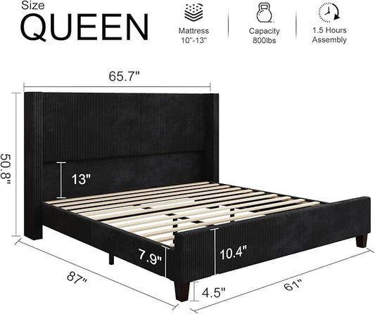 HOWE Queen Size Upholstered Bed Frame, Wingback Platform Bed with 50.8" Headboard, Corduroy/Solid Wood Leg/No Box Spring Needed/Noise Free/Black