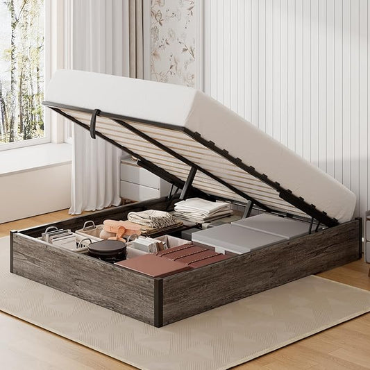 Lift Up Storage Bed Frame, Full Size Wooden Platform Bed with Large Storage Underneath, No Box Spring Needed, Noise Free, Rustic Grey