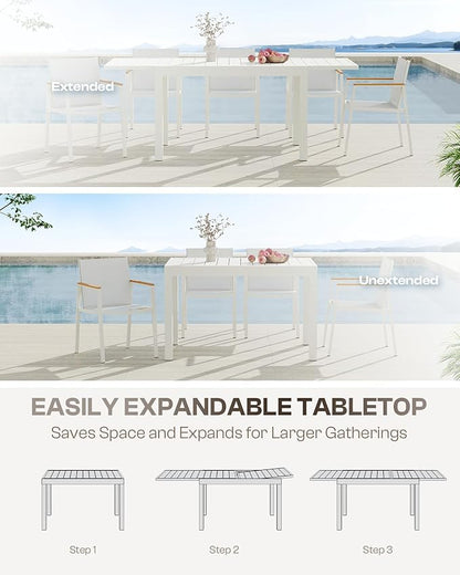 Expandable Outdoor Patio Dining Table Set for 6-8 Person, Aluminum Outdoor Table and 4 Chairs with Textilene Fabric & HDPS Armrest, All-Weather Patio Furniture Set for Yard, Garden, White