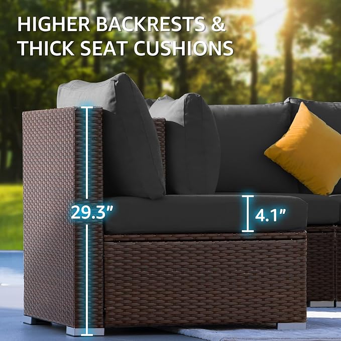 NICESOUL 8 Seat Extra Large Patio Furniture Set with Firepit Table Natural Gas/Propane, 29.3'' High-Back Luxury Outdoor Sectional Conversation Sets for 6 People, Brown Rattan and Dark Grey Cushion