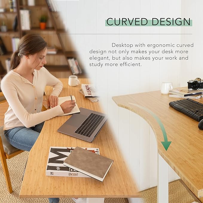 FlexiSpot E6 Bamboo 3-Stage Dual Motor 72 x 30 Electric Standing Desk Sit Stand Up Desk, Holds 220 lbs, Adjustable Height w/ Memory Presets, Solid Bamboo Curved Desktop & Black Frame, Ships in 2 Boxes
