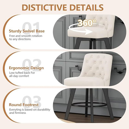 MINCETA Bar Stools Set of 4, PU Leather Barstools, 26 Inch Upholstered Counter Stools with Low Tufted Back and Footrest, Swivel Counter Height Barstools for Kitchen Island Home Bar White