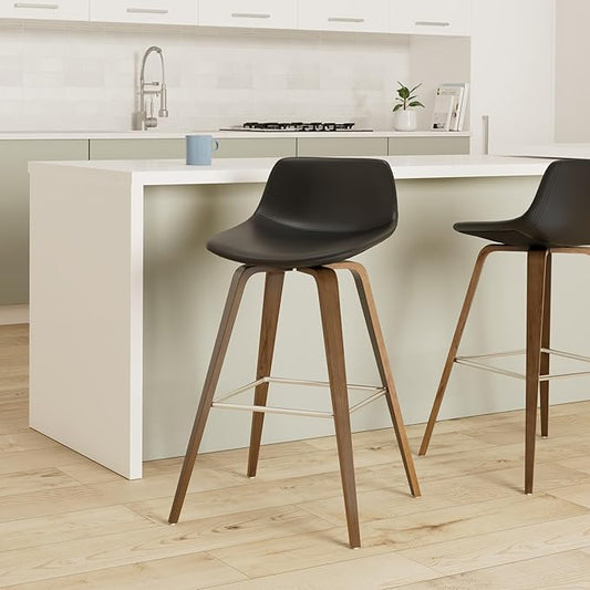 SIMPLIHOME Randolph Counter Stools (Set of 2) - 28 Inch Seat Height Upholstered Bentwood Kitchen Seats in Black Vegan Faux Leather, Mid Century Modern Seating with Curved Backrest and Chrome Footrest