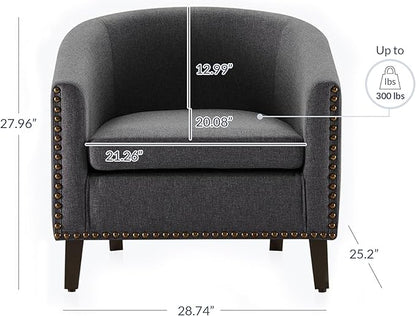 BELLEZE Accent Barrel Chair, Modern Tub Club Chair Upholstered Armchair with Gold Nail Head Trim and Black Legs for Living Room Bedroom Apartment Lounge - Gray/Linen