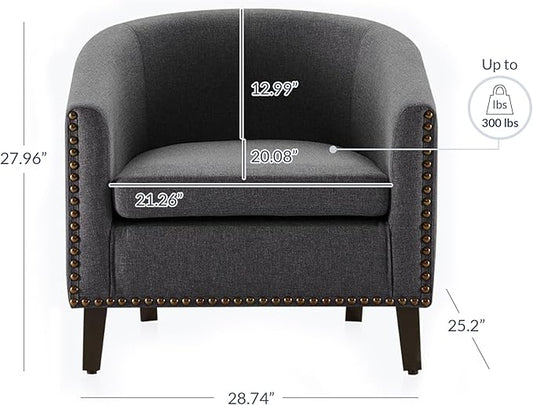 BELLEZE Accent Barrel Chair, Modern Tub Club Chair Upholstered Armchair with Gold Nail Head Trim and Black Legs for Living Room Bedroom Apartment Lounge - Gray/Linen