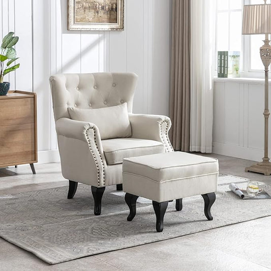 Accent Reading Arm Chairs with Ottoman Set of 2 for Living Room Bedroom, Midcentury Modern Corner Sofa Chair, Wingback Waiting Room Club Chair with Tufted Back &Lumbar Pillow, Linen Beige