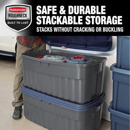 Rubbermaid Roughneck️ 50 Gallon Storage Totes, Durable, Stackable Storage Containers with Lids, Great for Home, Office, and Garage Organization, Grey Base and Dark Indigo Metallic Lid, Pack of 2, Grey and Dark Indigo Metallic, 50 Gal - 2 Pack