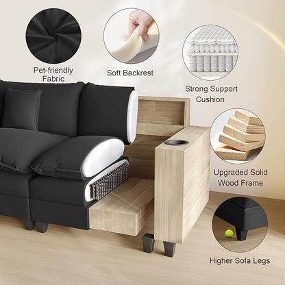 Cloud Couch, Modular Sectional Sofa with Ottoman, Charging Station, Throw Pillows, Cup Holders, Modern Convertible L Shaped Couches for Living Room, Bedroom (Classic Black, 80.7"- L Shape)