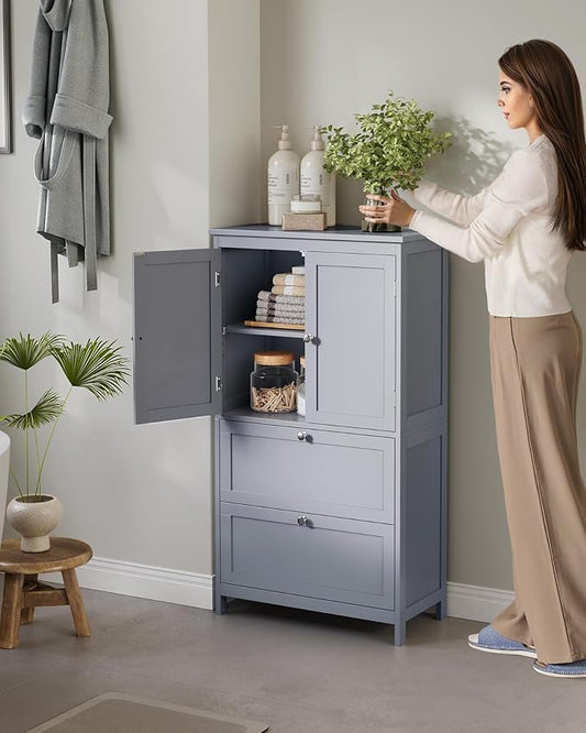 VASAGLE Floor Storage Cabinet, Freestanding Storage Unit with 2 Drawers and 2 Doors, Adjustable Shelf, 11.8 x 23.6 x 43.3 Inches, for Entryway, Bathroom, Dove Gray UBBC551G02