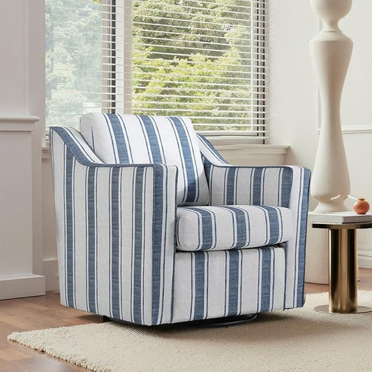 UIXE Swivel Accent Chair, Stripe Fabric Upholstered Arm Chair for Living Room, Modern Club Armchair Comfy Single Sofa Bedroom Reading Seat with Lumbar Pillow - Navy Blue