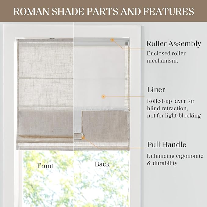 Madison Park Kyler Cordless Roman Shades - Single Panel, Lightweight Linen Blend Fabric, Natural Design, Easy Installation, Light Filtering Window Blind, Bedroom, Living Room Decor 29"W x 64"H Natural