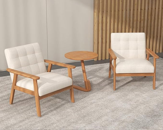 Modern Accent Chair with Wooden Table, Upholstered Linen Fabric Leisure Side Chair with Arm Rest and Wooden Frame for Living Room Bedroom Reading (Beige)