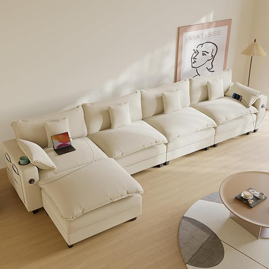 Cloud Couch, Modular Sectional Sofa with Ottoman, Charging Station, Throw Pillows, Cup Holders, Modern Convertible L Shaped Couches for Living Room, Bedroom (White, 152"- L Shape)